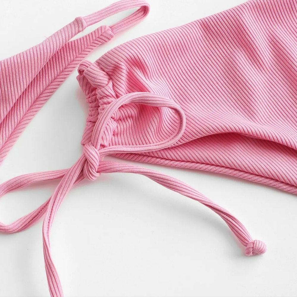 Pink Ribbed Bikini Three Piece Set - Picture 4 of 6